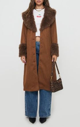 Princess Polly After Party Faux Suede Long Coat with Faux Shearling Trim in Brown at Nordstrom, Size 6