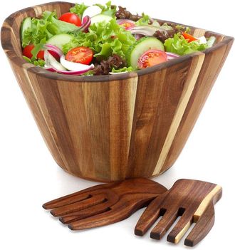 MegaChef Acacia Wood Salad Bowl With Serving Utensils