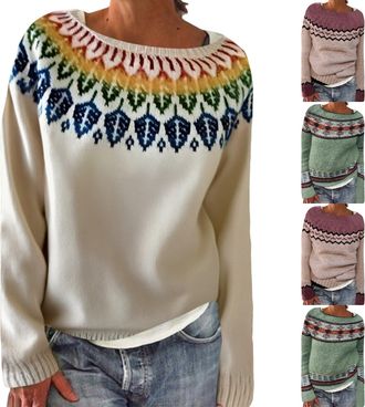 Generic Fair Isle Womens Knitted Oversized Jumpers Ladies Crew Neck Long Sleeve Jumpers Plus Size Vintage Sweatshirts Loose Winter Knitting Sweaters Autumn No