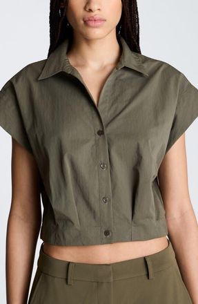 Kenneth Cole Cotton Blend Crop Button-Up Shirt in Turtle Green at Nordstrom, Size X-Small