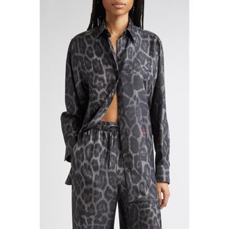 Stella McCartney Leopard Print Silk Button-Up Shirt in Ash Grey at Nordstrom, Size 12 Us