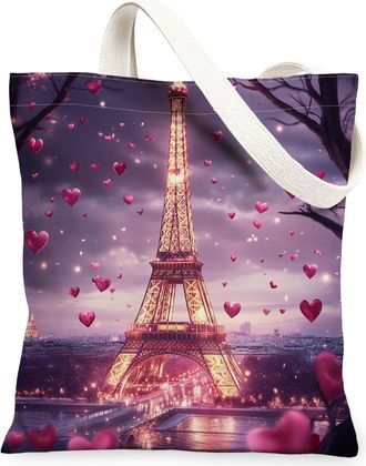 Generic Romantic Hearts Canvas Tote Bags, Vintage Paris Tower Pattern Reusable Shopping Bags, Lightweight Washable Shoulder Strap Canvas for Travel Beach Picn