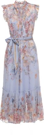 Zimmermann Indigo Floral Midi Dress With High Collar And Tassel Laces