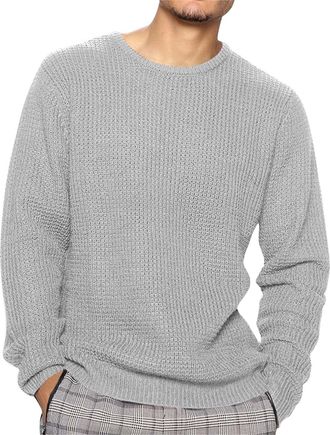 Generic MenS Pullovers, Loose Fit Round Neck Waffle Plaid Pullover Sweater Solid Colour Sweaters Smart Casual Stretchy Soft Tops Long Sleeve Streetwear Lightw