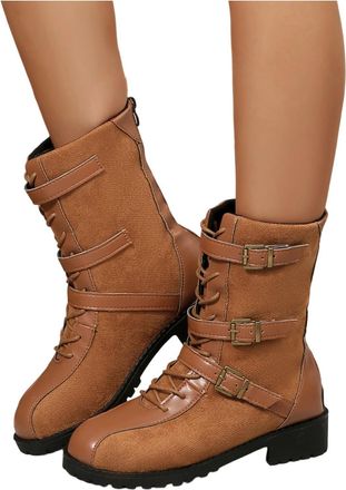 Generic Mid Calf Boots Women Low Heel Short Booties Stylish Retro Solid Color Chunky Heel Buckle Back Zipper Comfy Lace Up Walking Boots Casual Daily