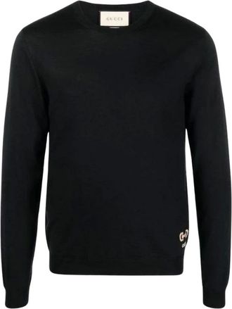 Gucci Round-neck Knitwear, male, Black, Size: L Horsebit Logo Intarsia Wool Sweater