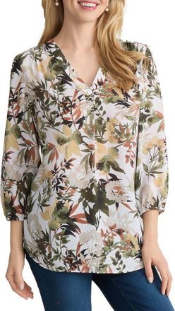 Jones New York Floral Three Quarter Sleeve Crepe Top in White Sand Multi at Nordstrom, Size X-Small