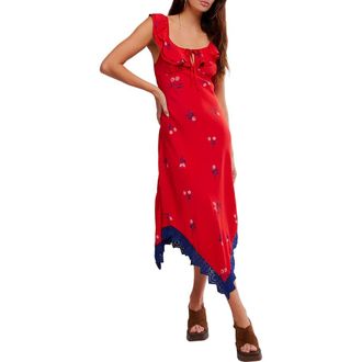 Free People Flock Together Floral Handkerchief Hem Midi Dress in Cherry Combo at Nordstrom, Size X-Small