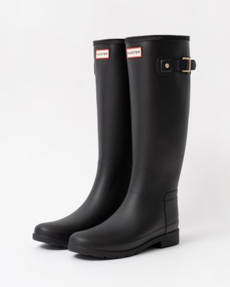 Hunter Womens Refined Gold Trim Tall Boot Logo Detail in Black Wellington Boots Rubber - Size UK 7