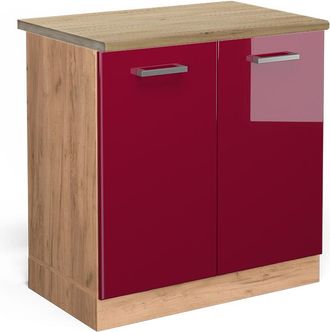 Vicco Armario Bajo Para Fregadero R-line, Rojo Burdeos Alto Brillo, 80 Cm, Et Roble, Vicco