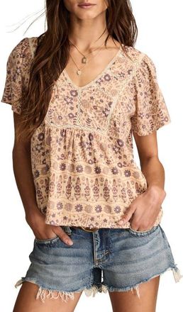 Lucky Brand Lace Trim Top in Taupe Floral at Nordstrom, Size Large