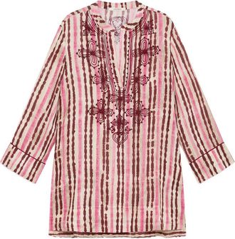 Tagliatore Gestreepte Geborduurde Linnen Jas - Dames - Tunieken - Roze - 2XL - Linnen - Overhemden