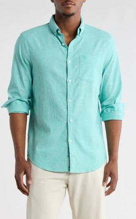 Original Penguin Linen Blend Woven Solid Button-Down Shirt in Atlantis at Nordstrom Rack, Size Xx-Large
