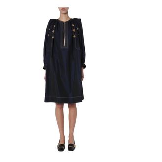 Givenchy Short Dresses, female, Blue, Size: S Midi Dress With Front Details 4G Gold Buttons
