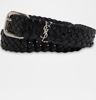 Saint Laurent Men & apos;s Cassandre YSL Woven Leather Belt