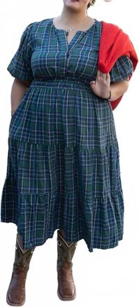 She + Sky Puff Sleeve Woven Plaid Midi Dress - Plus In Green