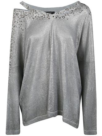 Avant Toi Linen Cotton V-Neck Pullover With Lamination And Rhinestones