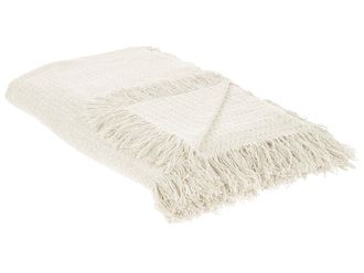 Beliani Copriletto Decorativo Con Frange In Cotone 220 X 240 Cm Bianco Sporco Yerbent