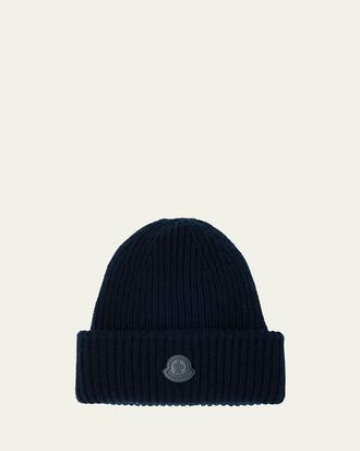 Moncler Mens Cashmere Rib Leather-Logo Beanie Hat