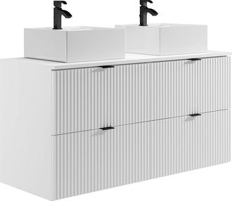 Vente-Unique Mueble de ba&ntilde;o suspendido estriado con lavabo sobre encimera cuadrado - Blanco mate - 120 cm - ZEVINI