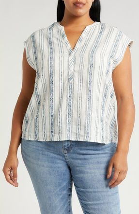 Liverpool L.A. Stripe Cap Sleeve Linen Blend Button-Up Top in Novelty Cream Stripe at Nordstrom Rack, Size 1X