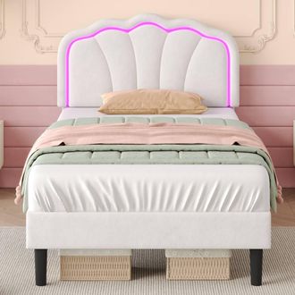 Merax Velvet Shell Shaped 3ft Single Bed with LED & Adjustable Headboard in White