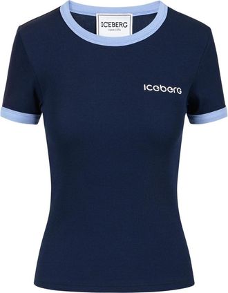 Iceberg Blauw geribbelde jersey slim fit T-shirt met Iceberg print - Dames - T-shirts - Blauw - XS - Tops