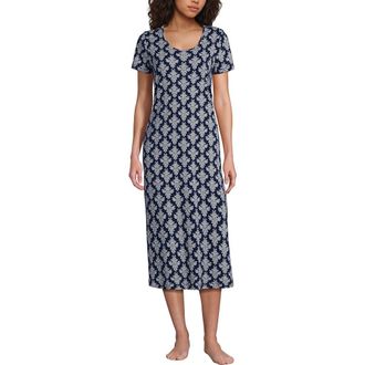 Lands End Cotton Short Sleeve Midcalf Nightgown in Deep Sea Navy/ivory Floral at Nordstrom, Size X-Small P