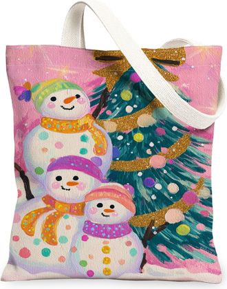 Generic Winter Snow Man Canvas Tote Bags, Cute Snow Man Pattern Reusable Grocery Bags, Lightweight Washable Shoulder Strap for Outd, Peach, 13x15 Inch