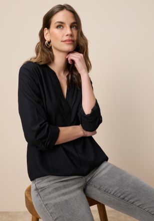 Tamaris Schlupfbluse TAMARIS, Damen, Gr. 34, schwarz, Web, Obermaterial: 100% Viskose, unifarben, l&auml;ssig geschnitten Po-bedeckend, 1-Knopf-Manschette krempelb