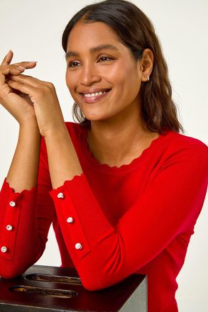 Roman Sparkly Diamante Button Scallop Edge Jumper