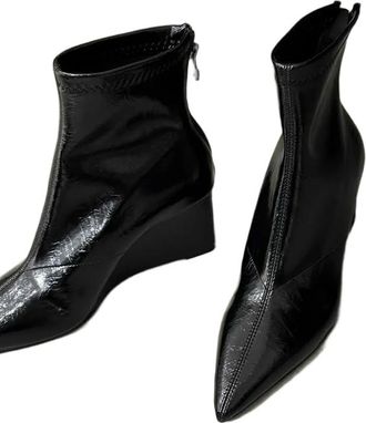 Generic GLDFW Pointed Toe Short Boots Womens Autumn Winter High Heel Short Boot Slope Heel Slim Boot Synthetic Leather Rubber Black