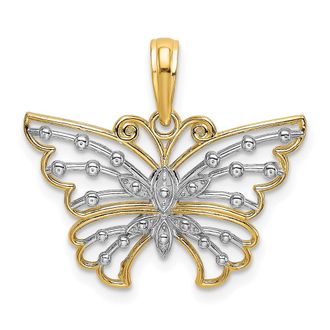 Diamond2Deal 14k Yellow Gold Rhodium Diamond-cut Butterfly Charm