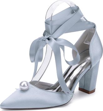 Generic Womens Pointed Toe Block Heel Pearl Wedding Shoes Bridal Chunky Heeled Prom Party Dress Shoes Pumps 8.5Cm,Silver,10 UK