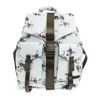 Ganni Backpacks, female, Blue, Size: ONE SIZE Floral Motif Backpack