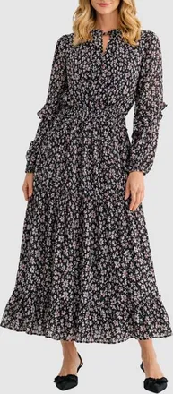 Mila Mae Floral Print Tie Neck Long Sleeve Maxi Dress in Black/Pink Multi at Nordstrom, Size X-Small