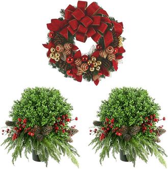 Creative Displays Inc. 26In Holiday Wreath & 2 Uv-Rated Boxwood Topiary Drop-Ins