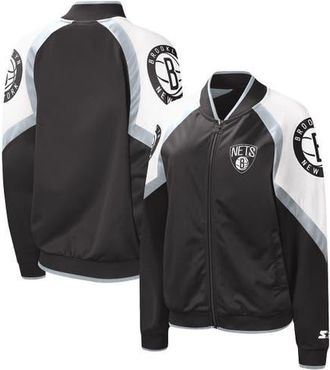 Starter Womens Starter Black/Silver Brooklyn Nets Fan Girl Satin Raglan Full-Zip Jacket at Nordstrom, Size Medium