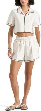 Mani&egrave;re De Voir Maude Satin Cropped Shirt with Piping in Off White at Nordstrom, Size 2