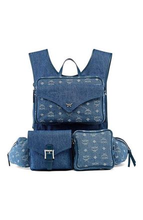 MCM Aren Multi-Backpack in Monogram Denim Jacquard in Blue at Nordstrom