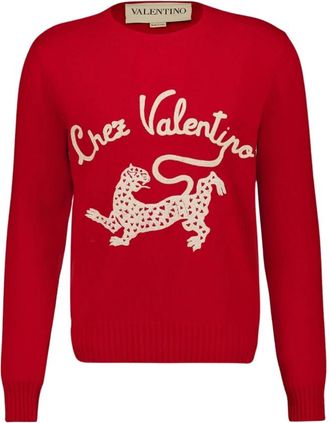 Valentino Garavani Truien & Vesten, Heren, Rood, M, Wol, Wool Chez Valentino & Panther Borduur Sweater
