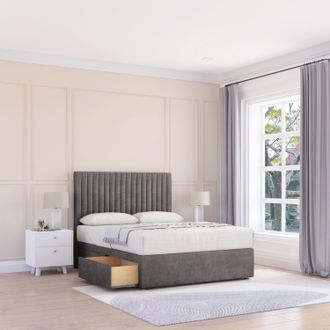 Sloomy Manhattan Silver Divan Bed Base 4 Drawers & 26 Struts Headboard in Grey | Size: Small Double