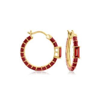 Ross-Simons Garnet and Red Enamel Hoop Earrings in 18kt Gold Over Sterling