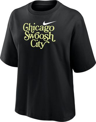 Nike Womens Swoosh Cities Chicago Short-Sleeve Boxy T-Shirt in Black | W11122NKCI25-BLK