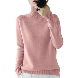 Generic Womens Turtle Neck Jumper Tops Long Sleeve Ladies Roll Turtle Neck Plain Knitted Pullover Sweatshirt for Women Stretch Lightweight Sweater Top,Pink,M