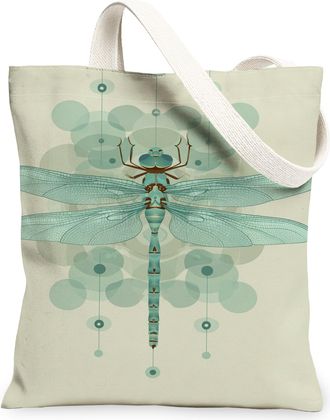 Generic Mint Dragonfly Canvas Tote Bags, Stylish Insect Pattern Reusable Grocery Bags, Spring Lightweight Washable Shoulder Strap C, Mint, 13x15 Inch