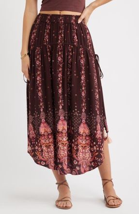 Treasure & Bond Scarf Print Drop Waist Midi Skirt in Burgundy Blossom Border at Nordstrom, Size Xx-Small