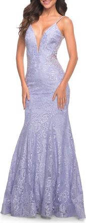 La Femme Long Mermaid Lace Dress with Back Rhinestone Detail in Light Periwinkle at Nordstrom, Size 10