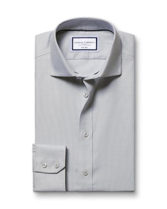 CHARLES TYRWHITT Non-Iron Westminster Weave Cotton Shirt - Silver Grey Single Cuff Size 16/34 by Charles Tyrwhitt