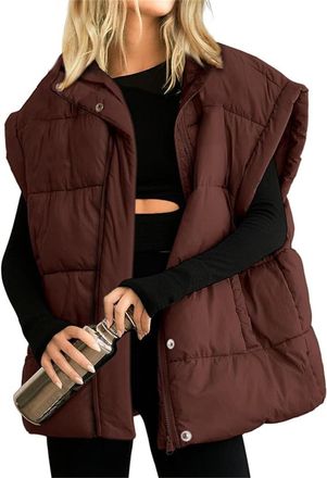Generic Womens Winter Oversized Casual Vest Sleeveless Stand Collar Full Zipper Warm Pad Jacket with Pockets (Brown,S)